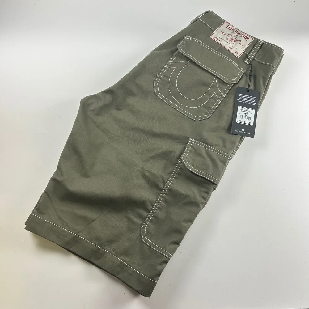 True Religion Mens 34 Kalamata Cargo Shorts Olive Green Contrast Stitch NEW Y2K